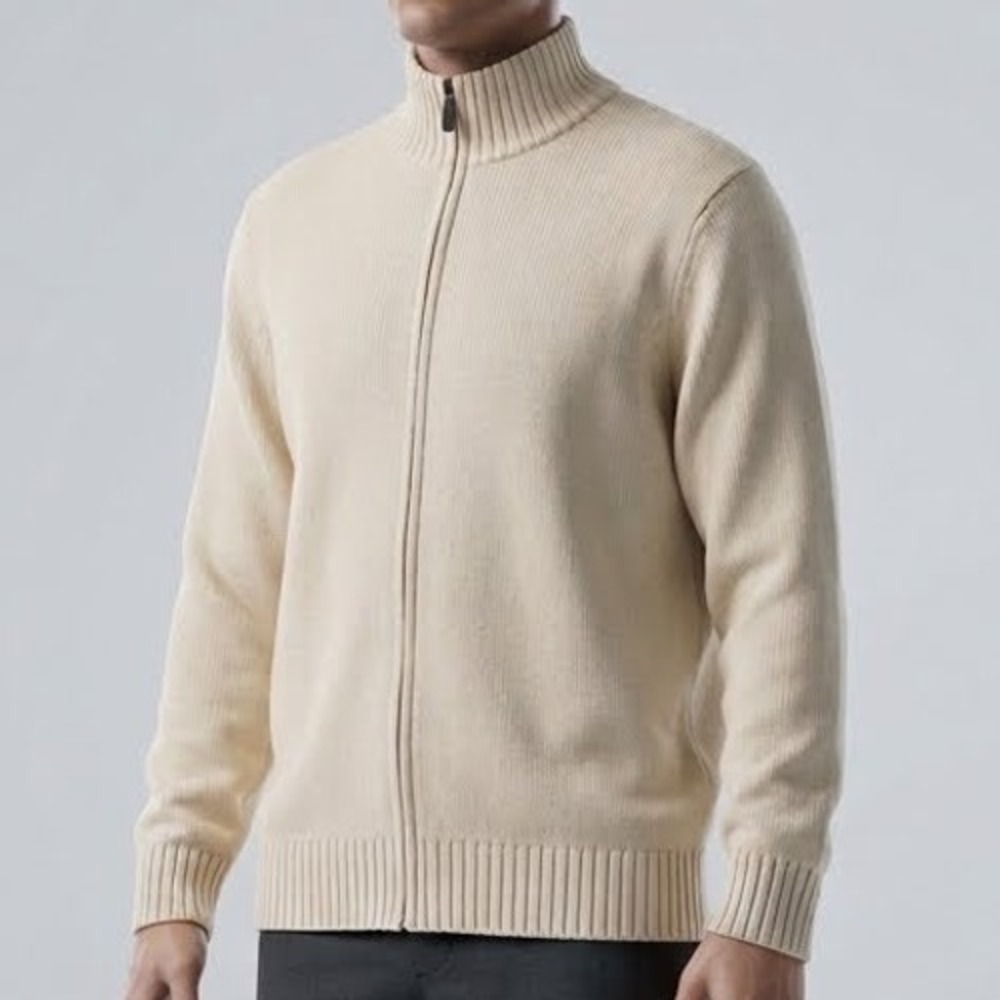 J.Crew Mens XL Full Zip Cardigan Sweater Cream Beige Mock Neck Cotton Blend